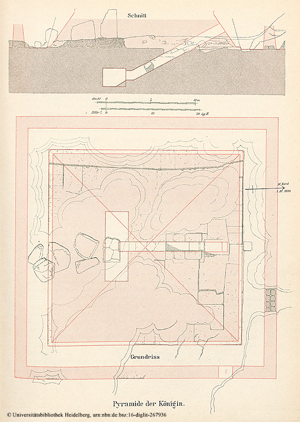 Pyramide der Königin Schnittzeichnung bzw. Auszug aus „Das Grabdenkmal des Königs Chephren“, Uvo Hölscher, 1912 