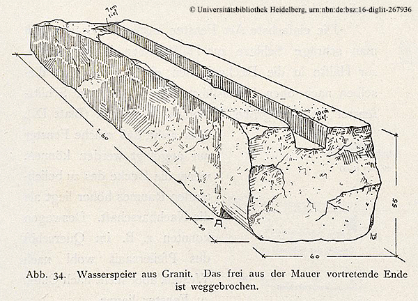 Der Torbau (Taltempel) des Königs Chephren — Abwasserrinne in der Westwand „Das Grabdenkmal des Königs Chephren“, Uvo Hölscher, 1912, vgl. Bild 30b/39