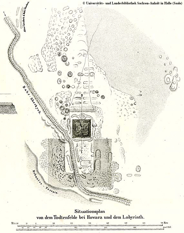 Lepsius-Karte der Hauwara-Pyramide von Amenemhat III., „Situationsplan von dem Todtenfelde bei Howara“ (damals noch so bezeichnet).