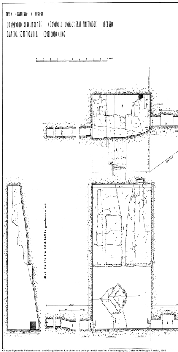 Auszug Schnittzeichnung Cheops-Pyramide, Felsenkammer aus L'architettura delle piramidi menfite, Vito Maragioglio; Celeste Ambrogio Rinaldi, 1963