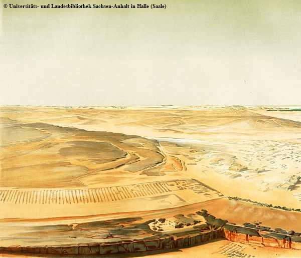 Tagebau-Steinbruch vor der Nordwestecke der Chephren-Pyramide. Dahinter sind noch die Mauerreste eines großen Magazintraktes oder von Arbeiterwohnungen (laut Stadelmann, Lehner) zu erkennen. Tagebau-Steinbruch vor der Nordwestecke der Chephren-Pyramide. Dahinter sind noch die Mauerreste eines großen Magazintraktes oder von Arbeiterwohnungen (laut Stadelmann, Lehner) zu erkennen.
