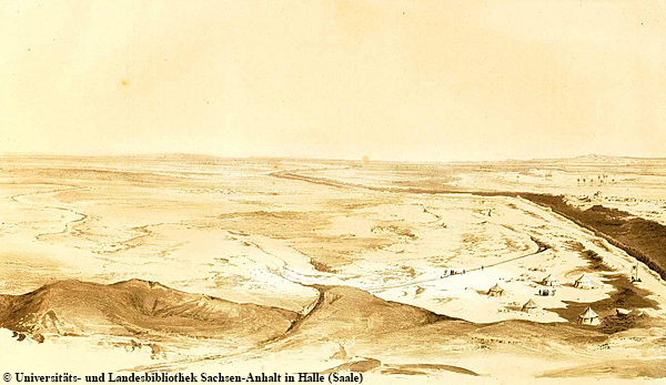 Originalzeichnung des Panoramas nach Südosten bei der „Pyramide des Labyrinthes“ (von Lepsius damals so bezeichnet).